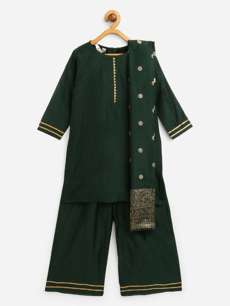 Ahalyaa Dark Green Chanderi Solid Kids Kurta Palazzo Set With Dupatta For Girls | Grocsy