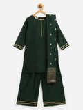 Ahalyaa Dark Green Chanderi Solid Kids Kurta Palazzo Set With Dupatta For Girls | Grocsy