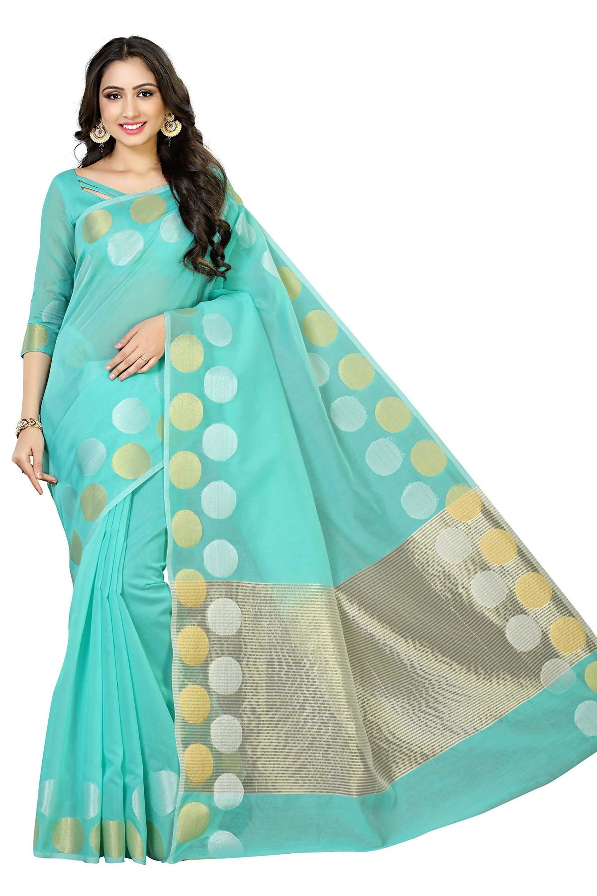 Mimosa Women's Turquoise Blue Kanchipuram Cotton Saree | Grocsy