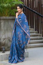 Beatitude Blue Cotton Floral Jamdani Saree | Grocsy