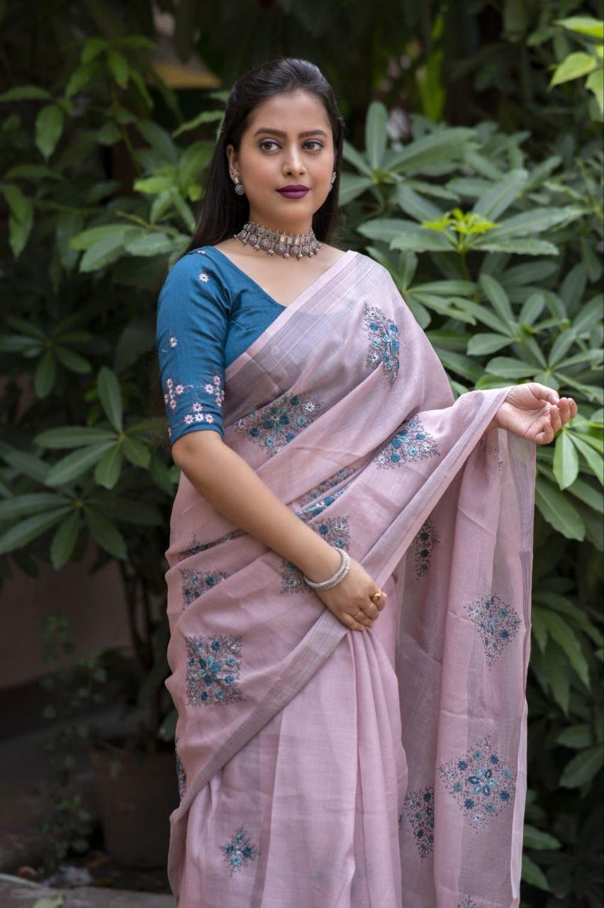 Mine Pure Linen Ethnic Motifs Saree with Unstitched Blouse - A2M | Grocsy