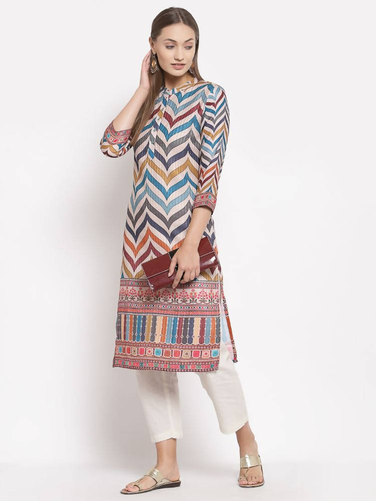 Myshka Women's Multi Silk Printed 3/4 Sleeve Round Neck Casual Kurta | Grocsy