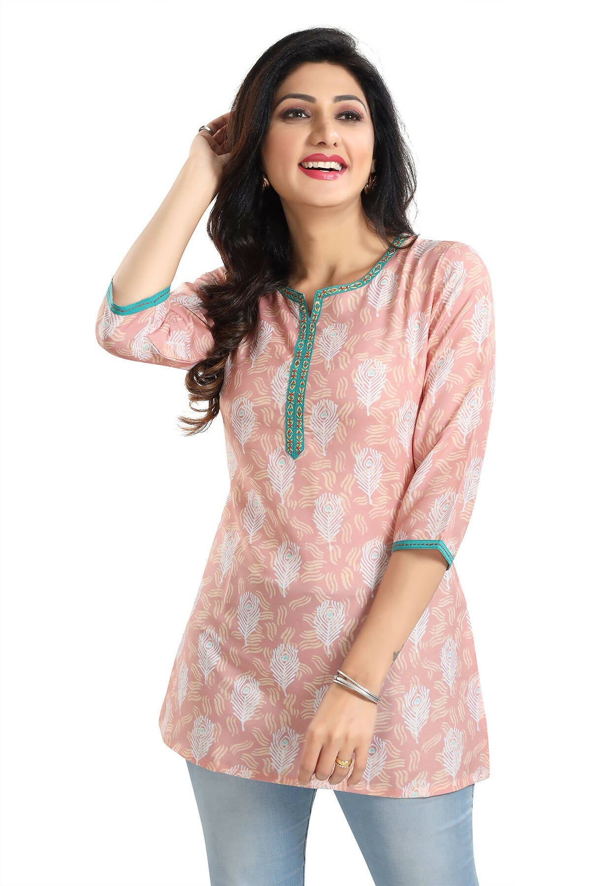Snehal Creations Pretty Pastel Peach Rayon Short Kurti Tunic Top | Grocsy
