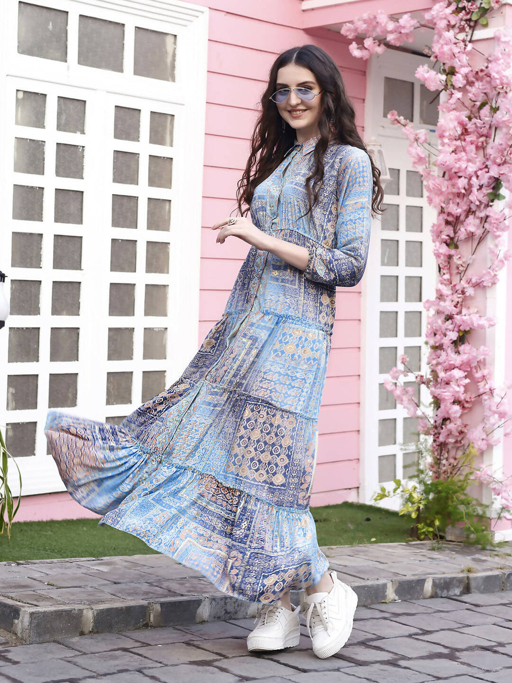 Light Blue Crepe Foil Printed Long Dress - Michan | Grocsy