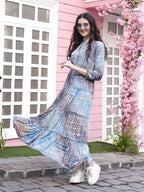 Light Blue Crepe Foil Printed Long Dress - Michan | Grocsy