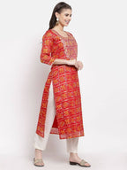 Myshka Women's Red Cotton Printed 3/4 Sleeve Square Neck Casual Kurta | Grocsy