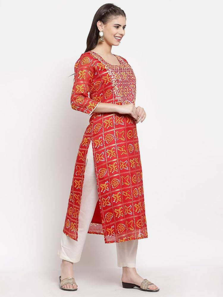 Myshka Women's Red Cotton Printed 3/4 Sleeve Square Neck Casual Kurta | Grocsy