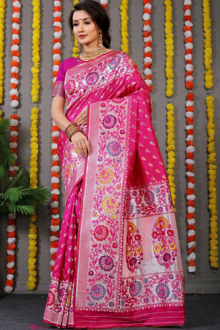 Jyoti Fashion Women's Rani Pink Banarasi Silk Zari Woven Saree with Blouse | Grocsy
