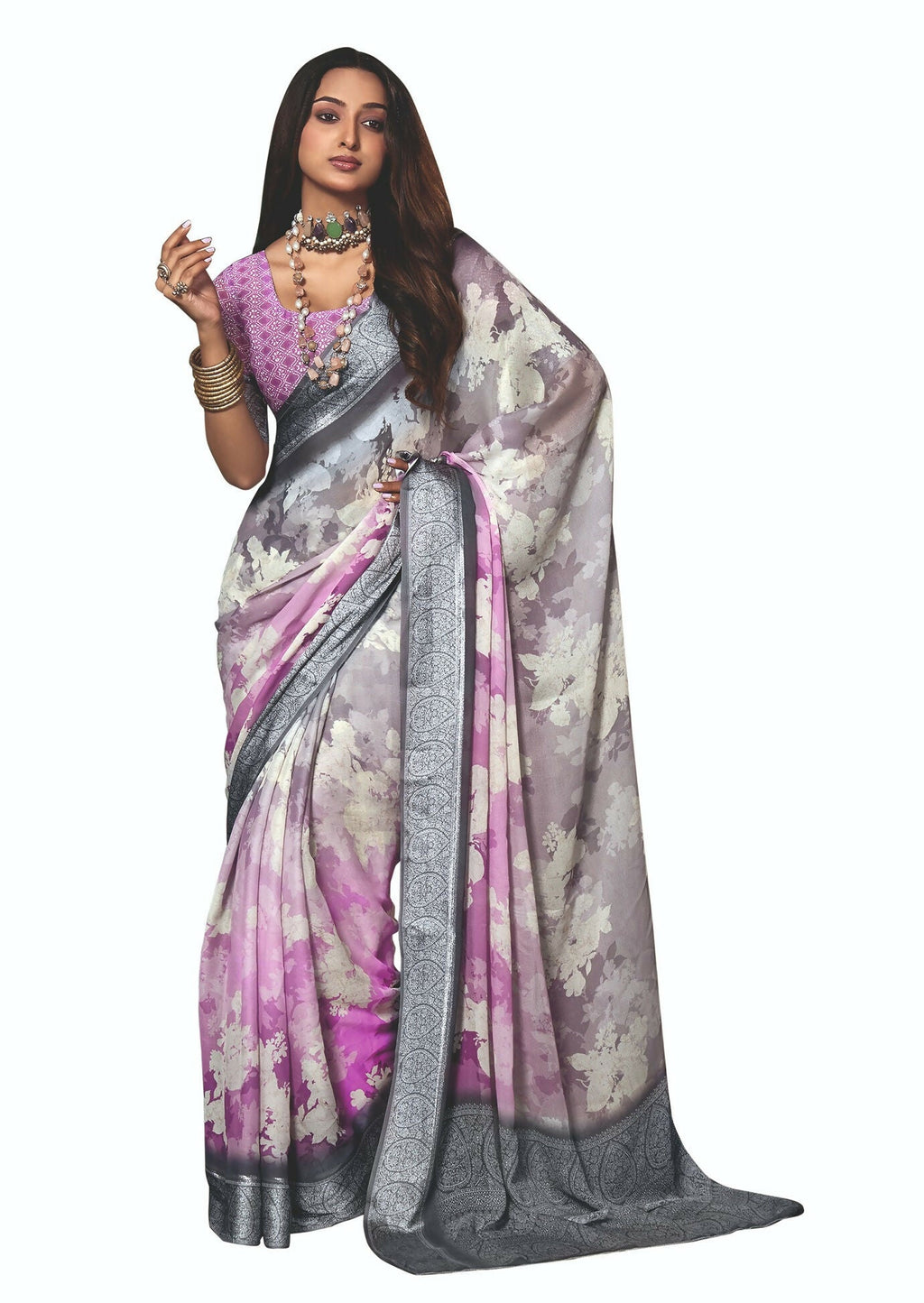 Joban Fashion Dola Silk With Zari Border Shaded Multi Color Work Saree | Grocsy