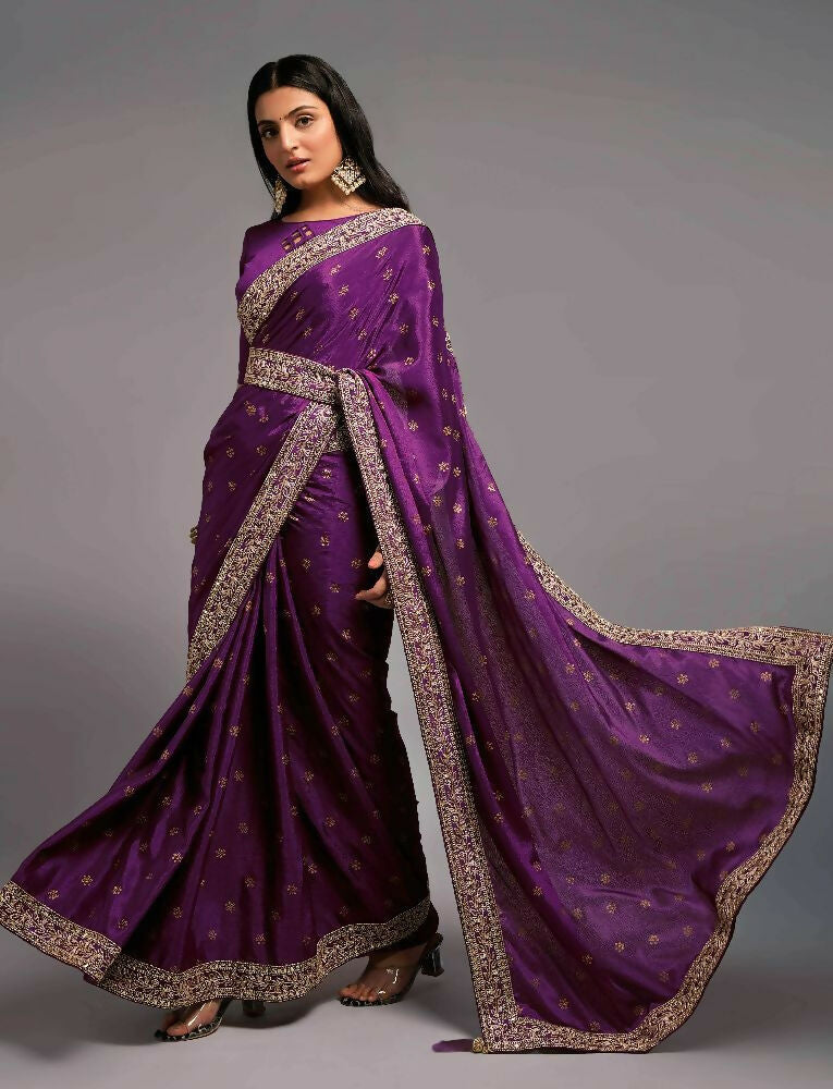 PR Fashion Wine Chinon Embroidery Lace Saree | Grocsy