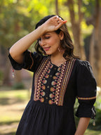 Juniper Women's Black Cotton Solid With Embroidered Straight Tunic | Grocsy