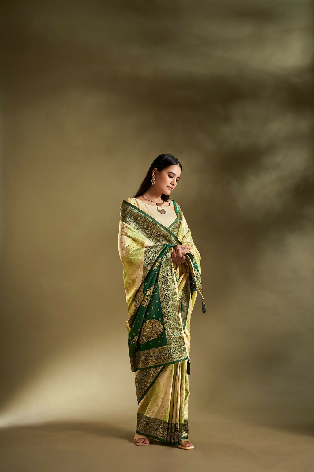 Joban Fashion Cream & Light Green Plain With Weaving Border Banarasi Silk Sarees | Grocsy