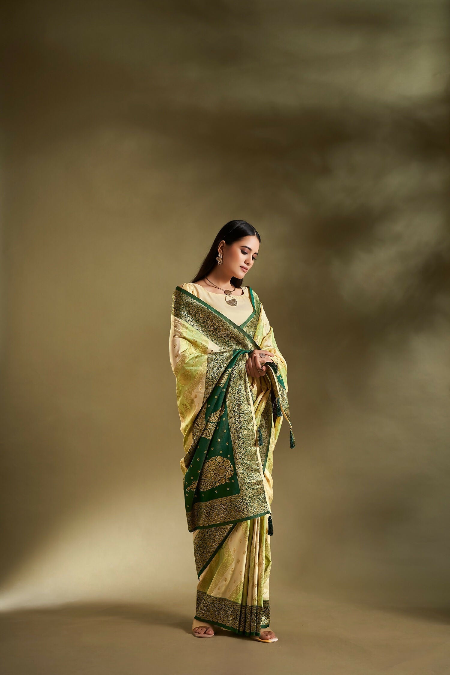 Joban Fashion Cream & Light Green Plain With Weaving Border Banarasi Silk Sarees | Grocsy
