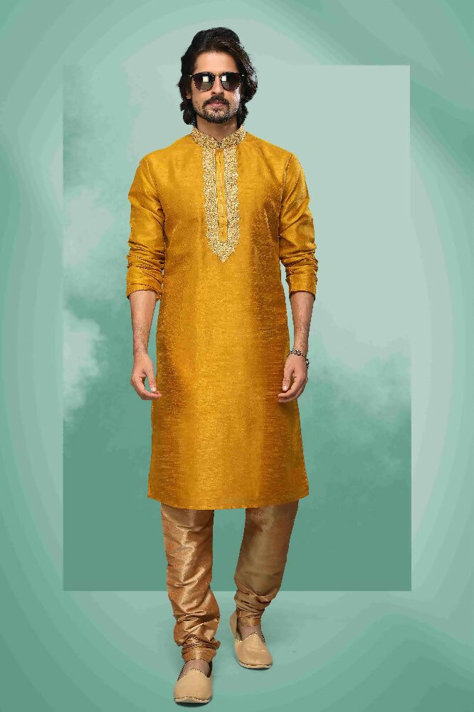 Raivat Ethnic Art Silk Mirror Embroidery Work Kurta Pajama In Mustard Colour | Grocsy
