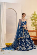Aastha Fashion More Peach Blue Butterfly Net White Cotton Thread Work And Sequence Work Embroidery Wedding Wear Lehenga Choli | Grocsy