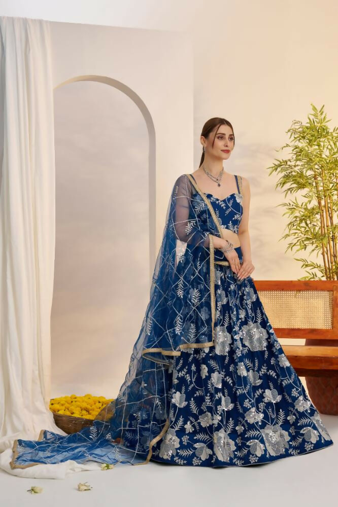 Aastha Fashion More Peach Blue Butterfly Net White Cotton Thread Work And Sequence Work Embroidery Wedding Wear Lehenga Choli | Grocsy