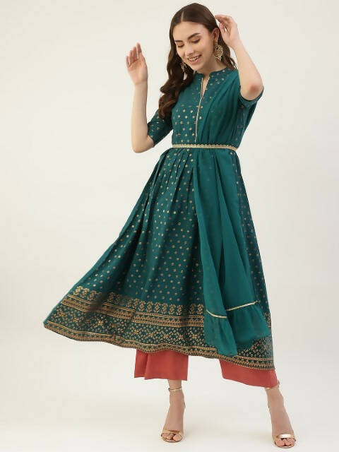 FIORRA Women's Turquise Poly Crepe Flared Kurta With Dupatta | Grocsy
