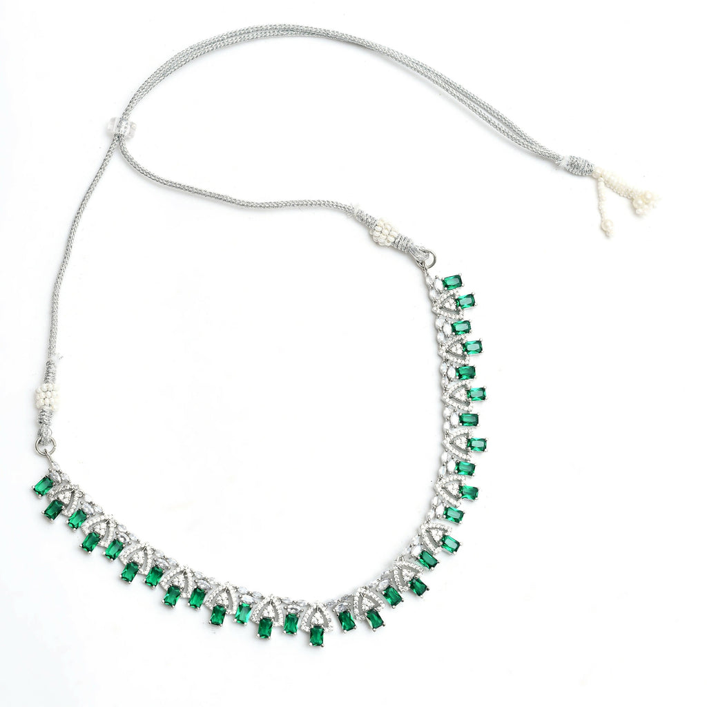 Mominos Fashion Johar Kamal Silver-Plated American Diamond Green Choker Set | Grocsy