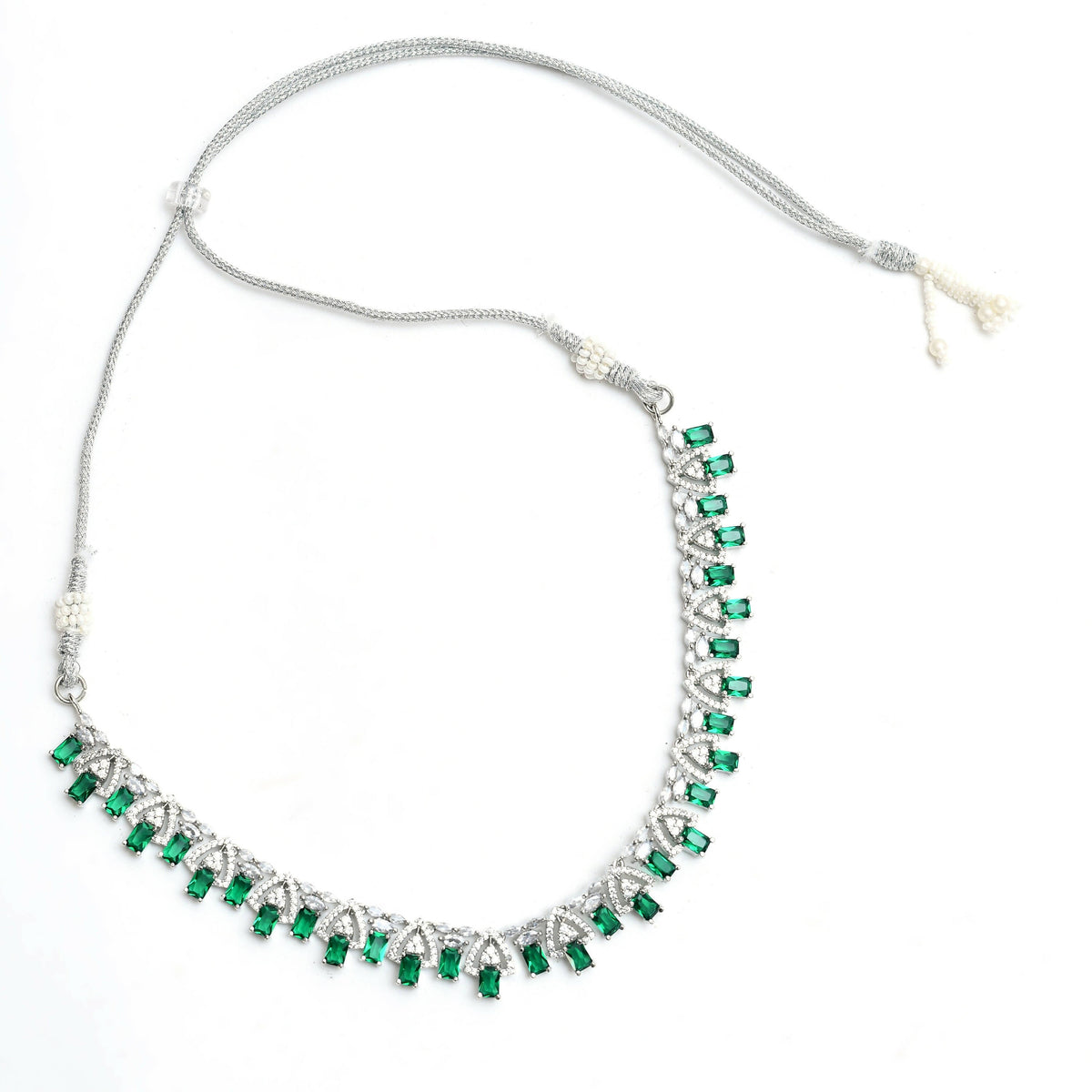 Mominos Fashion Johar Kamal Silver-Plated American Diamond Green Choker Set | Grocsy