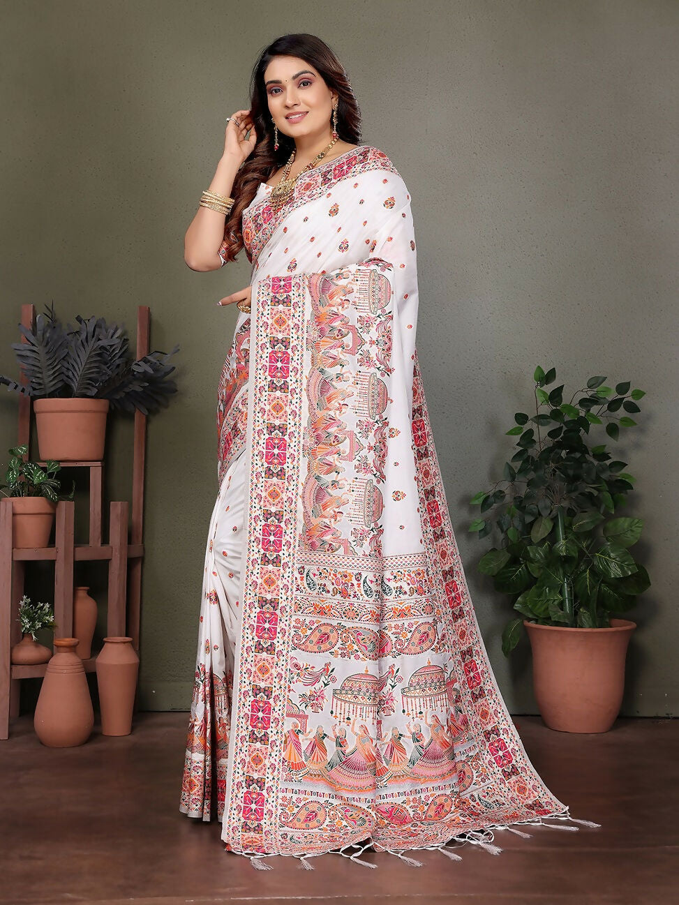 Joban Fashion White Thread Woven Pashmina Sarees | Grocsy