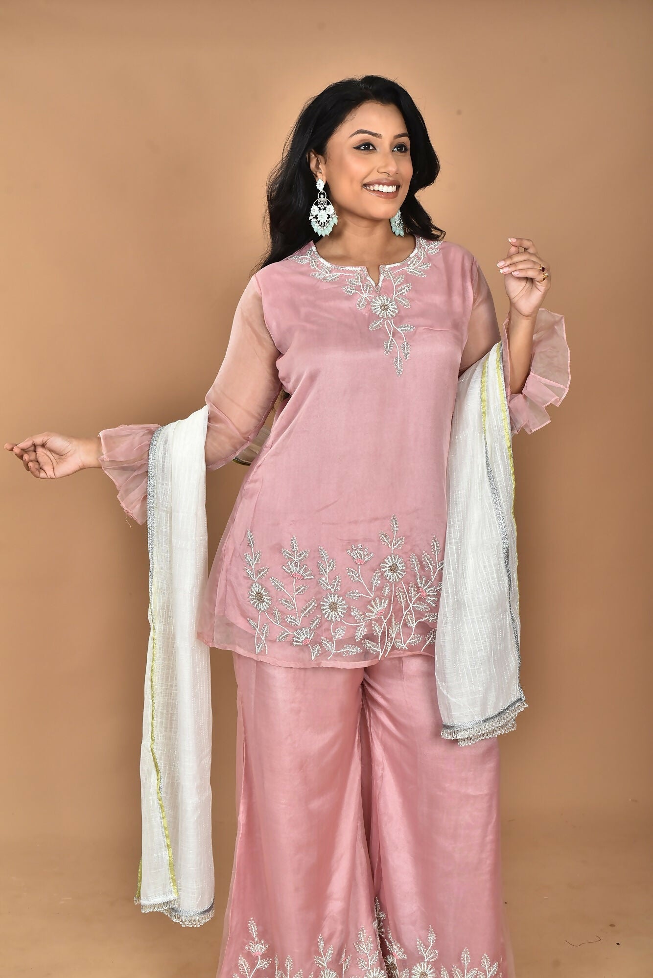 Morchari Women And Hand Embroidery Palazzo Set-Peach | Grocsy