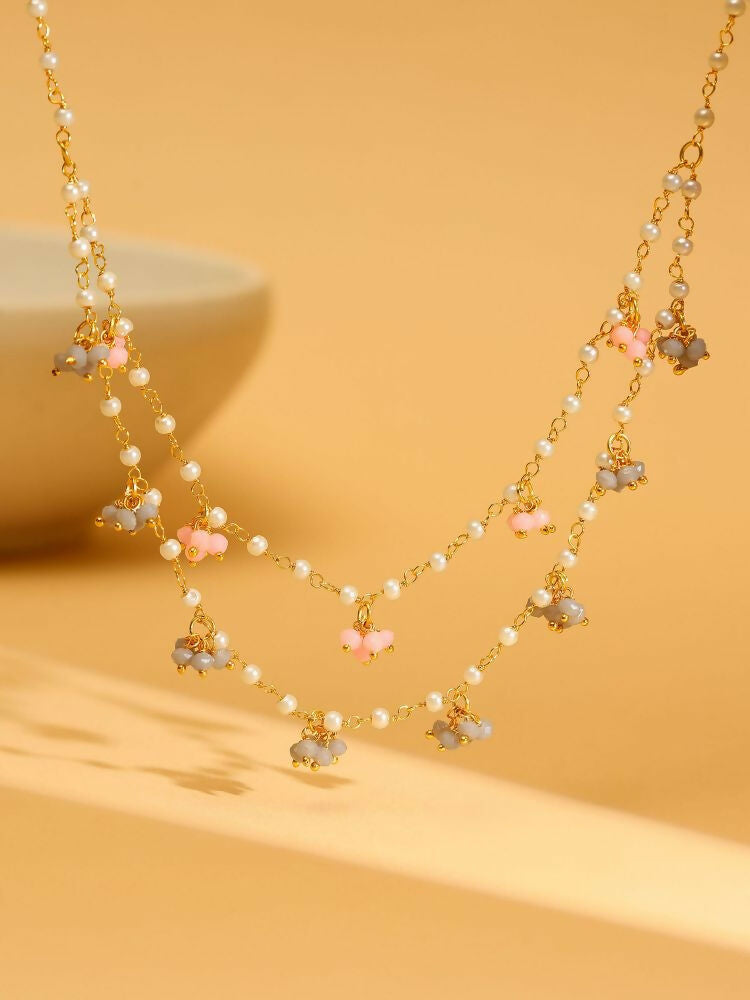 Beaded Pearl Necklace with Grey and Pink Colourful Motifs - Ruby Raang | Grocsy