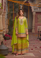 Anaita Parrot-Green Chinon Readymade Palazzo Suit with Codding Dori & Sequence Work | Grocsy