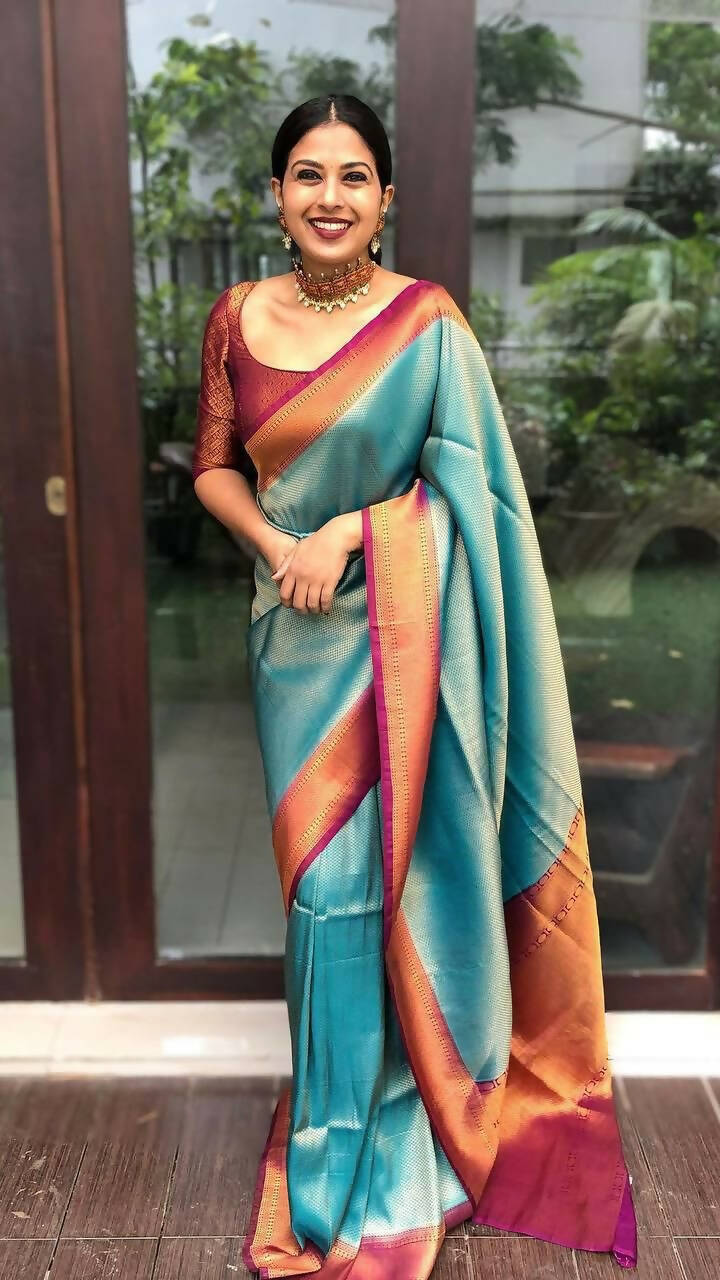 DEIANA'S Beautiful Designer Golden zari Soft Lichi Silk Saree - Sky Blue | Grocsy