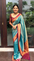 DEIANA'S Beautiful Designer Golden zari Soft Lichi Silk Saree - Sky Blue | Grocsy