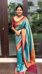 DEIANA'S Beautiful Designer Golden zari Soft Lichi Silk Saree - Sky Blue | Grocsy