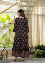 Jaimini Women Cotton Printed Round Neck 3/4 Sleeves Calf Length Flared Kurta Pant And Dupatta Set | Grocsy