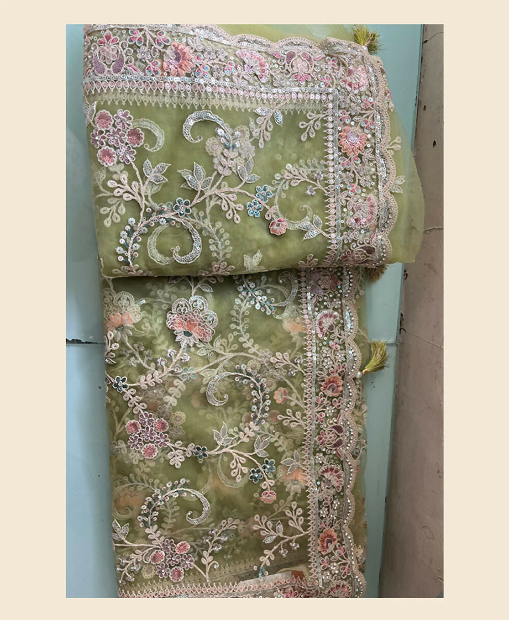 Green Net Sequence & Cord Embroidered Saree - Mohmanthan Dakshika | Grocsy