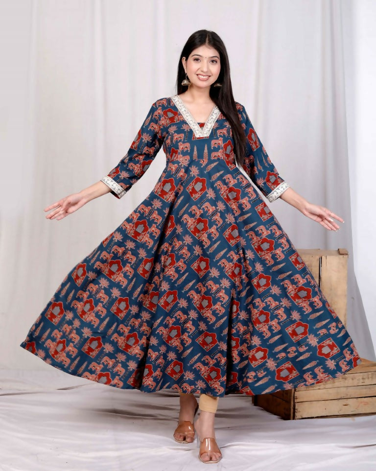 Miravan Women's Pure Cotton Blue Animal Printed Zari Lace Work Yoke Anarkali Kurta | Grocsy