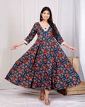 Miravan Women's Pure Cotton Blue Animal Printed Zari Lace Work Yoke Anarkali Kurta | Grocsy