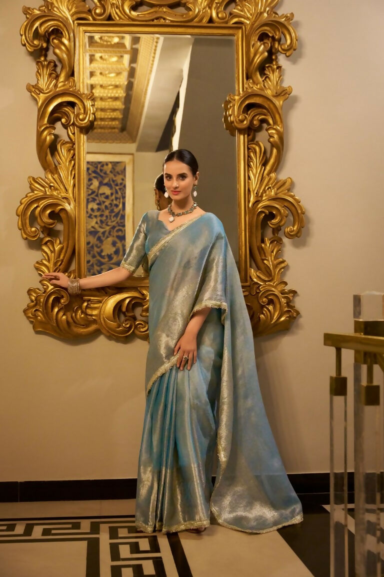 Vastranavya Sea Blue Tissue Shimmer Zari Weaving Work Saree with Unstitched Blouse | Grocsy