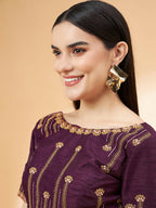 Beige, Purple Tussar Silk Zari, Thread And Cord Embroidery, Laser Cut Applique Saree - Norita Hit Design | Grocsy