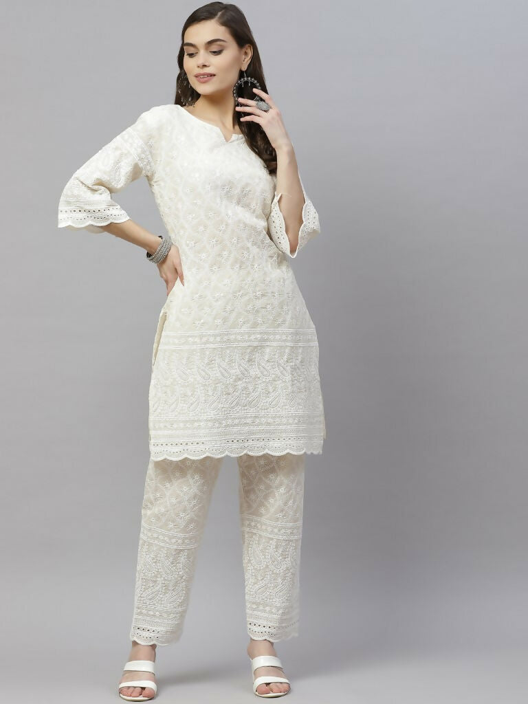 Miravan Women's Cotton Printed Embroidery Straight Kurta And Palazzo | Grocsy