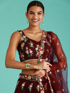 House of Panchhi Burgundy Net Sequinse Work Lehenga & Blouse, Dupatta | Grocsy