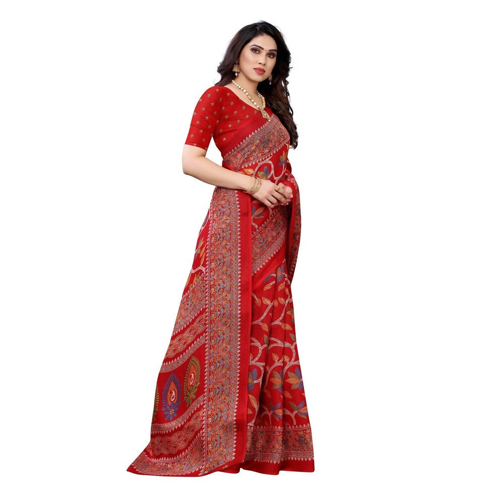 Vamika Printed Jute Silk Red Saree (Rishika Red) | Grocsy
