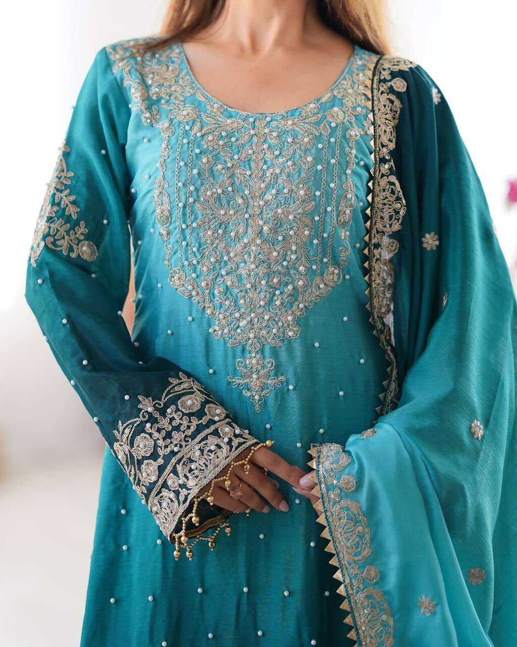 The52 Women's Beautiful Chinon silk Fabric Embroidery Work Straight Kurta Palazzo and Dupatta Set | Grocsy