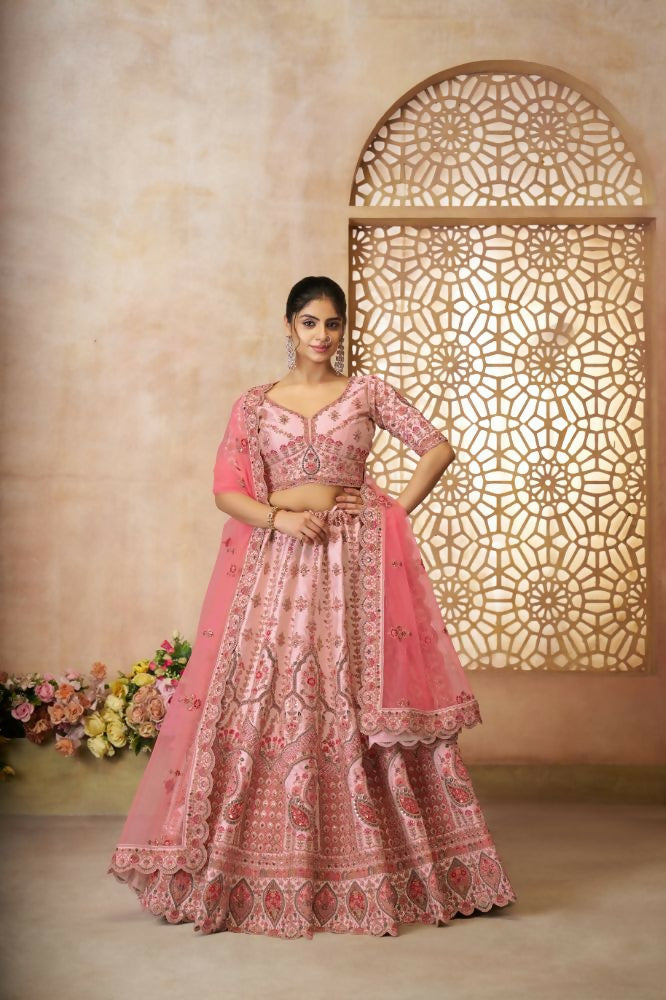Kesar Fab Pink Silk Embroidered Lehenga | Grocsy