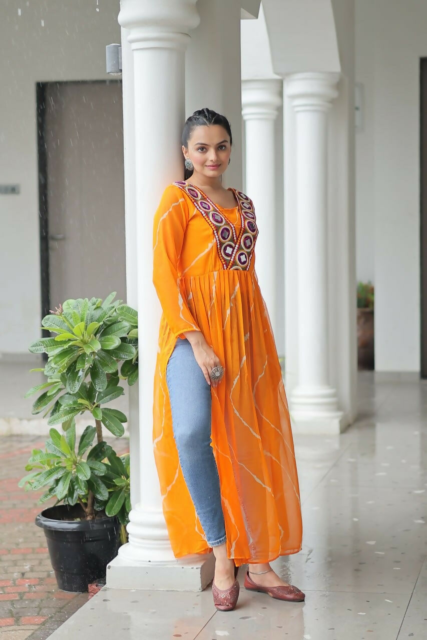 Vastranavya Orange Navratri Special Kutchi Patch Work with Leheriya Printed Kurti | Grocsy