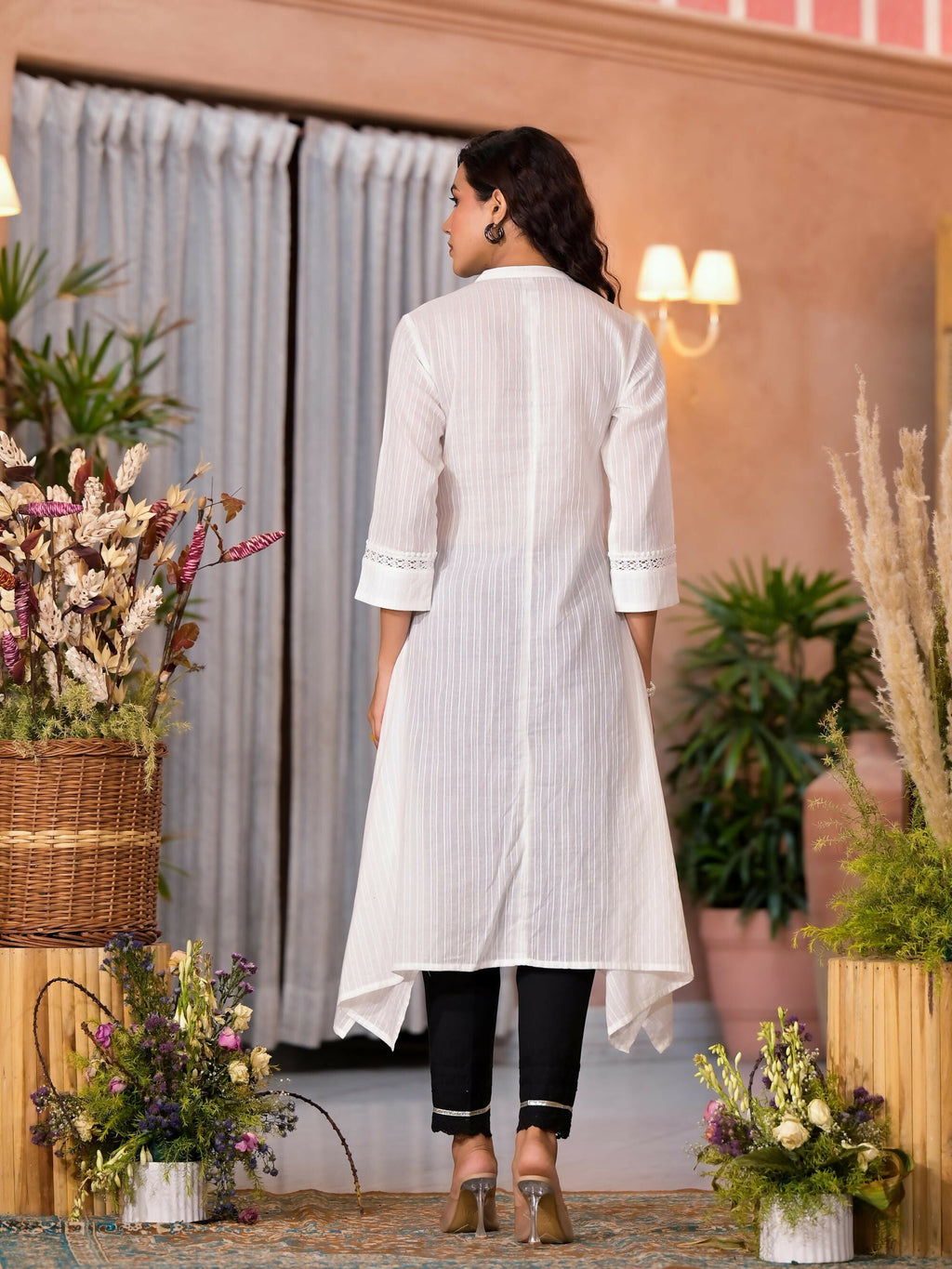 Juniper Women's Off White Thread Embroidered Cotton Asymmetrical Kurta With Button Closure | Grocsy