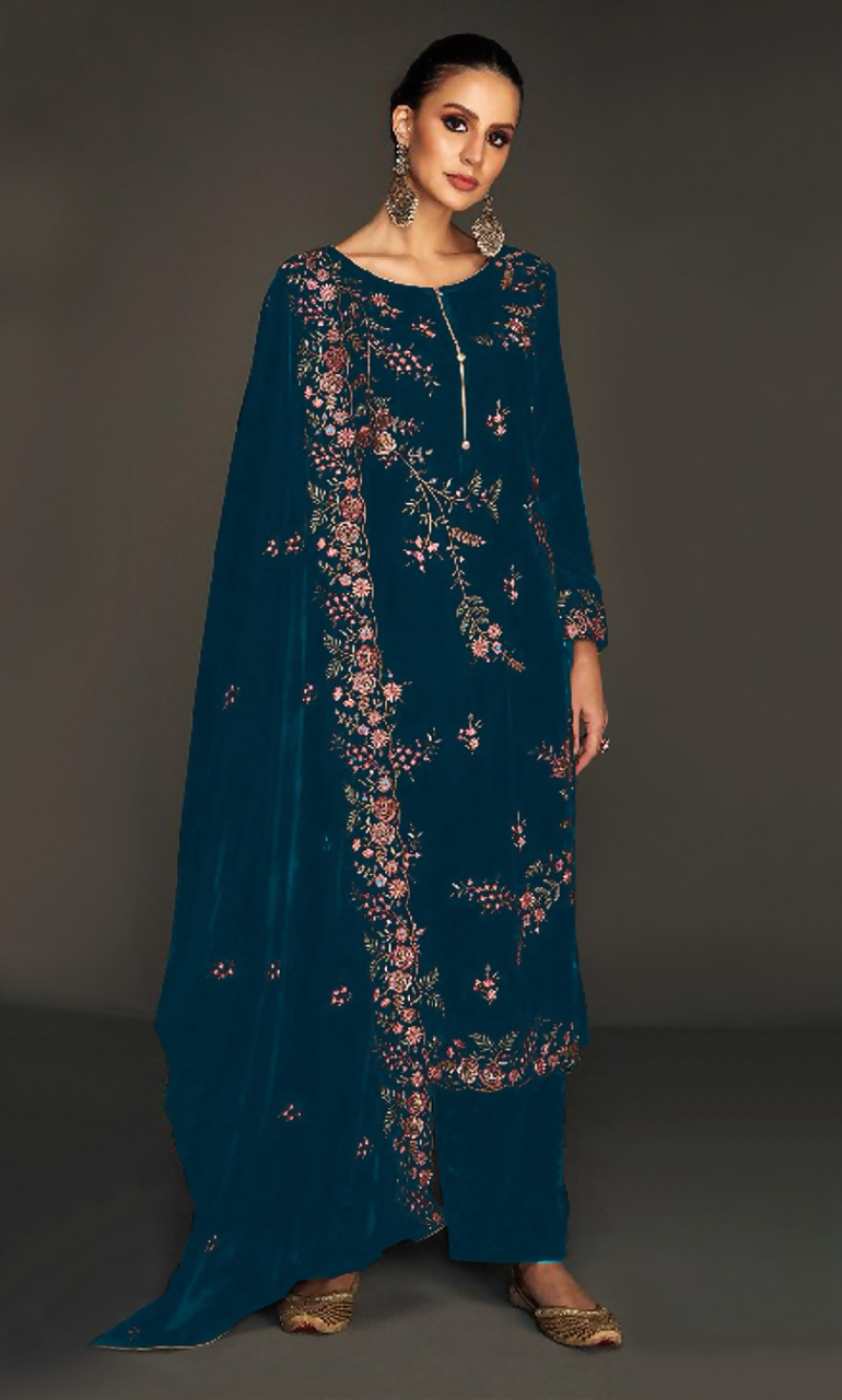 Anaita Teal Pure Velvet Stitched Suit with Heavy Embroidery Sequence Work | Grocsy