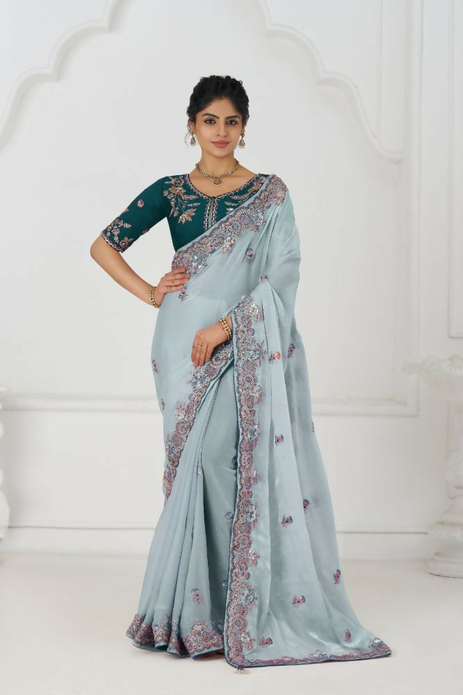 Kesar Fab Graceful Grey In Rich Silk Fendi With Zari And Sparkling Sequins Saree | Grocsy