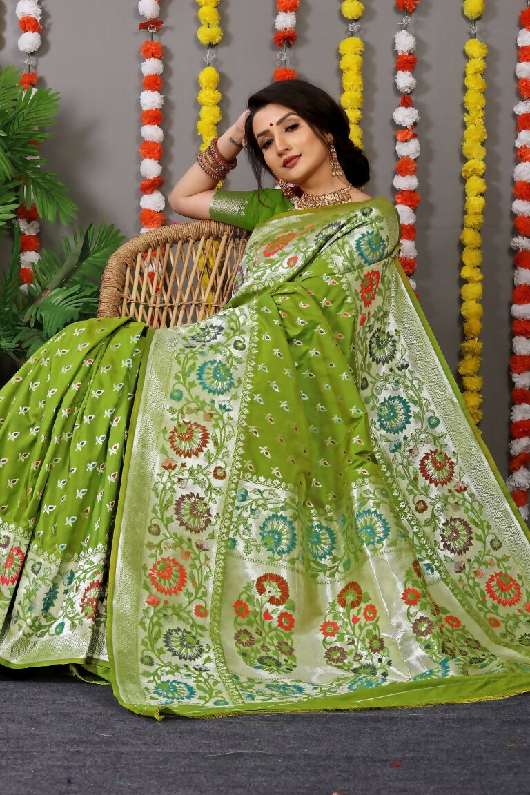 Jyoti Fashion Women's Green Banarasi Silk Zari Woven Saree with Blouse | Grocsy
