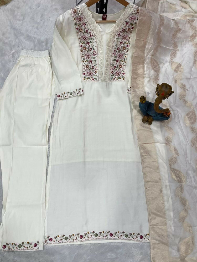 Teeya Creation Women's Elegant White Embroidered Kurta with Pant and Dupatta Set | Grocsy