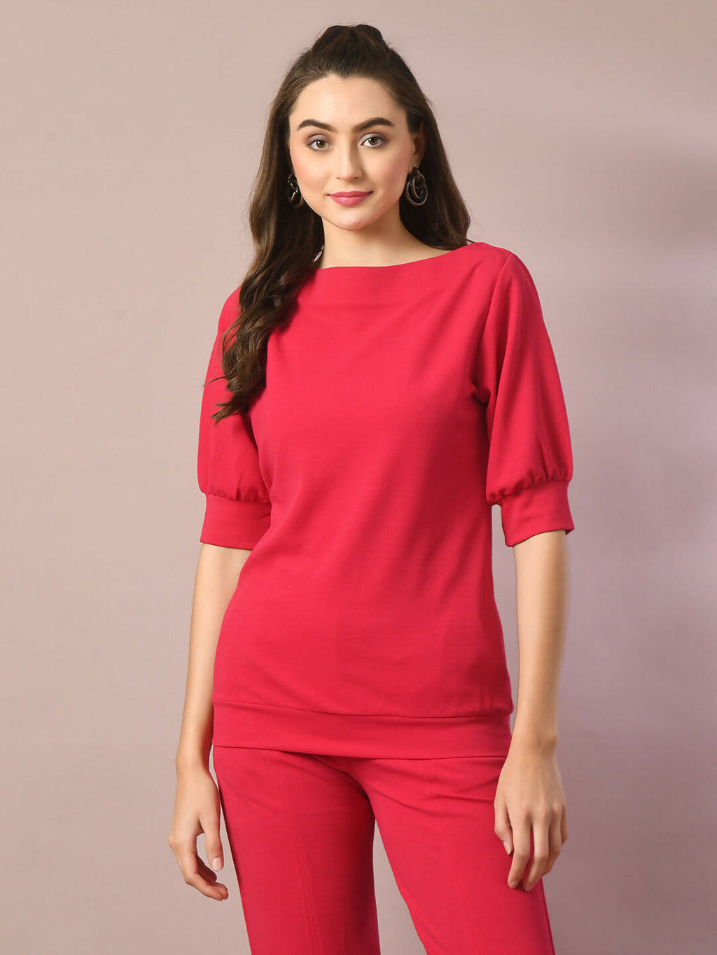 Myshka Women's Pink Solid Boat Neck Party Top | Grocsy