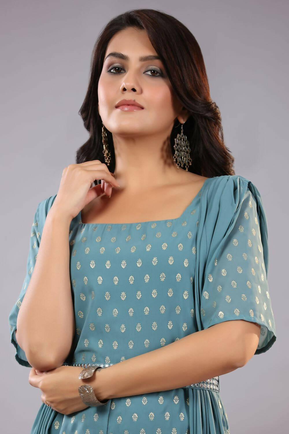 Juniper Women Teal Georgette Foil Printed Draped Jumpsuit | Grocsy