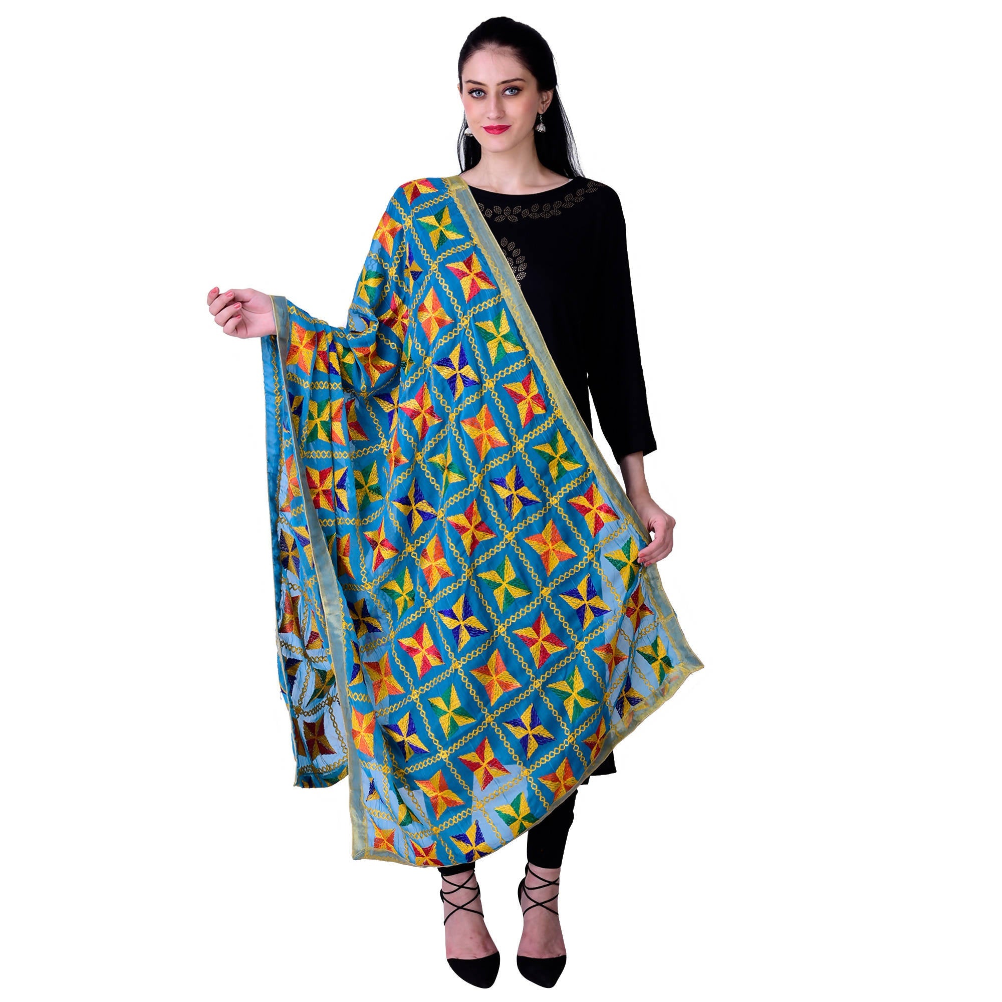 SWI Stylish Women's Embroidered Phulkari Chiffon Turquoise Dupatta | Grocsy